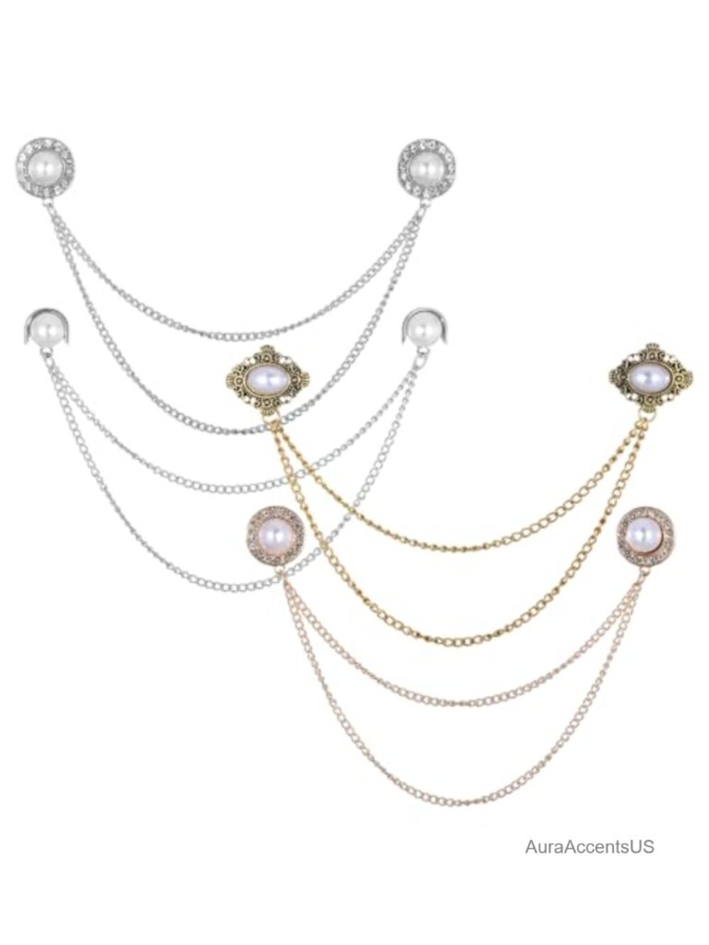 Set of 4 Vintage Pearl Cardigan Clip Brooches with Chains